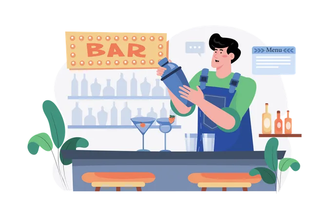 Barman en uniforme haciendo cócteles  Ilustración