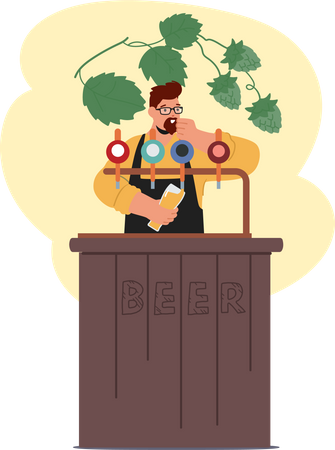 Barman masculino serve cerveja usando sistema de torneira  Ilustração