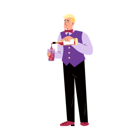 Barman elegante servindo vinho em copo  Ilustração