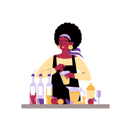 Barman feminina misturando bebidas e coquetéis  Ilustração
