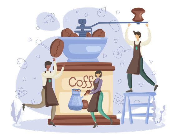 Barman moendo grãos de café  Ilustração