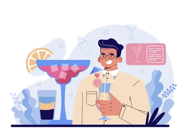 Bartender Concept Barman Preparing Alcoholic Drinks With Shaker At Bar Bartender Standing At Bar Counter Mixing Cocktails Isolated Flat Vector Illustration Illustration