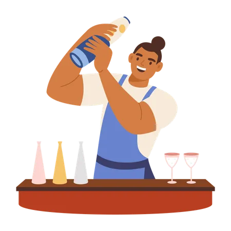 Bartender profesional mezclando bebidas  Ilustración