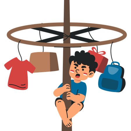 Poste de escalada para niños con artículos colgantes  Ilustración