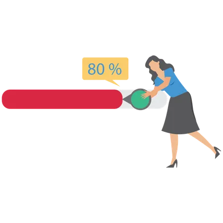Mulher de negócios empurra barra de progresso simbolizando esforço para terminar o trabalho no prazo  Ilustração