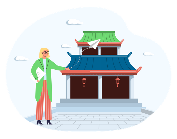 Turista feminina fica ao lado do templo de madeira  Ilustração