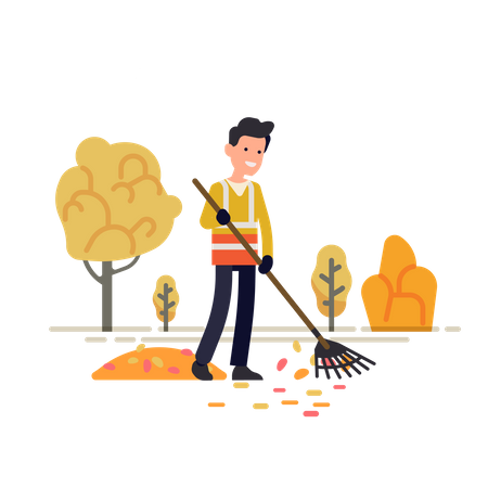 Barrendero municipal o del ayuntamiento cuidando las hojas caídas durante la temporada de otoño o otoño  Ilustración