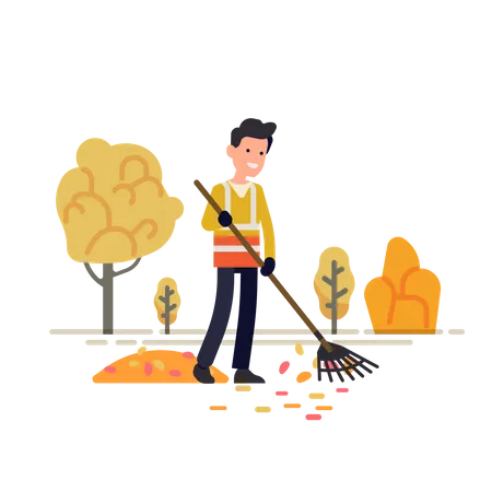 Barrendero municipal o del ayuntamiento cuidando las hojas caídas durante la temporada de otoño o otoño  Ilustración