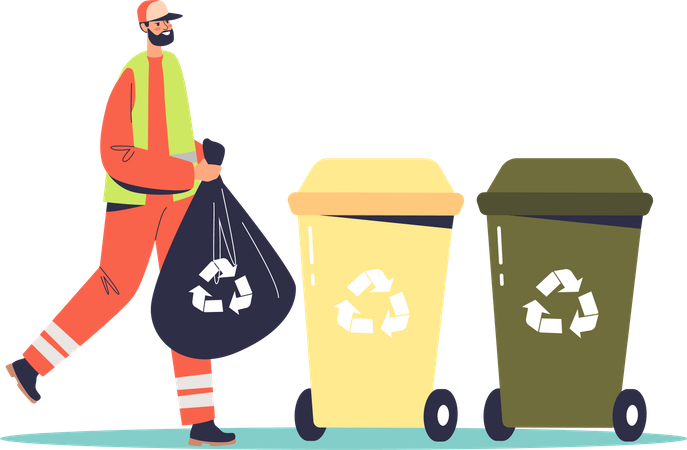 Limpiador de calles recogiendo basura, trabajador del servicio de recolección de basura en uniforme en contenedores de reciclaje  Ilustración