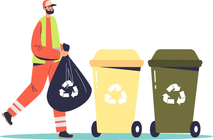 Limpiador de calles recogiendo basura, trabajador del servicio de recolección de basura en uniforme en contenedores de reciclaje  Ilustración