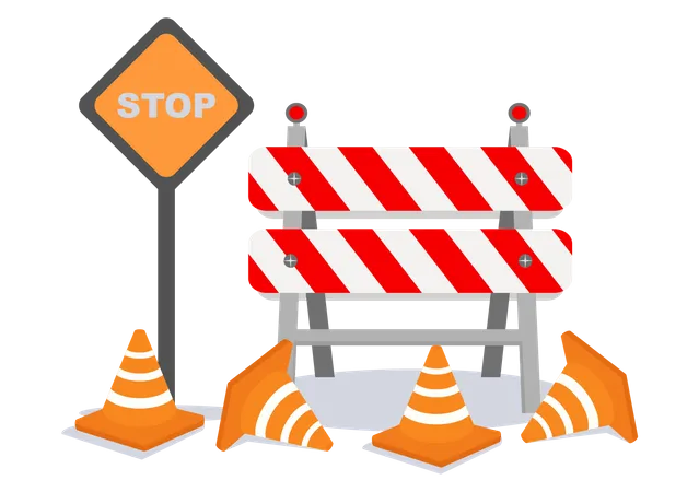En Construction Avec Le Symbole Worker Hold Stop Ou Road Sign Tape Warning Cone Site Barrier Illustration De Dessin Anime Plat De Vecteur De Fond Illustration