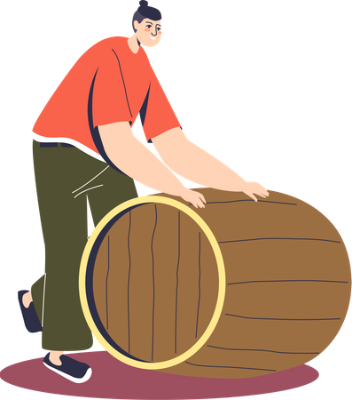 Macho rolando barril de madeira de cerveja fresca  Ilustração