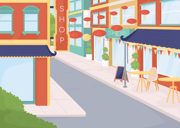 Ilustracion De Vector De Color Plano De Chinatown Destino Gastronomico Y De Compras Vecindario Lugar Para La Comunidad China Paisaje Urbano De Dibujos Animados Simples En 2 D Con Edificios En El Fondo Fuente Comfortaa Utilizada Ilustración