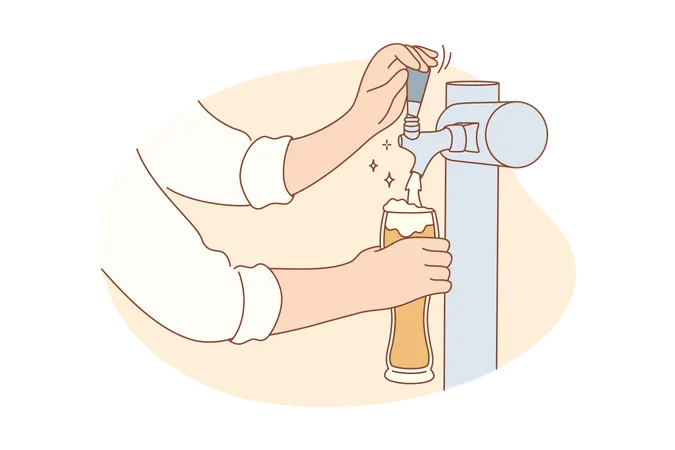Mãos de barman segurando um copo servindo cerveja  Ilustração