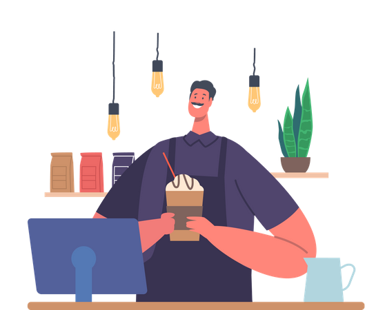 Bartender Hold Cappuccino Cup  Illustration