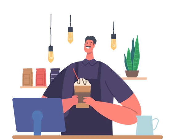 Bartender Hold Cappuccino Cup  Illustration