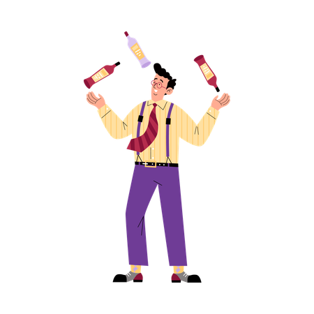 Bartender juggles bottles  Illustration