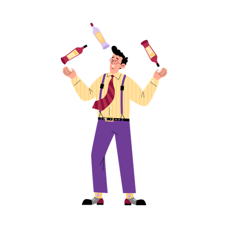 Bartender juggles bottles  Illustration