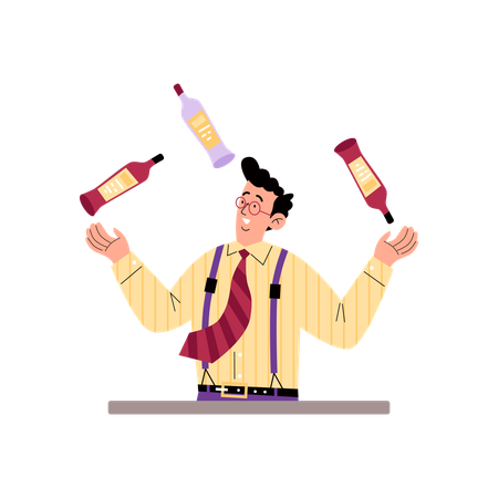 Bartender juggling bottles of alcoholic drinks  Illustration