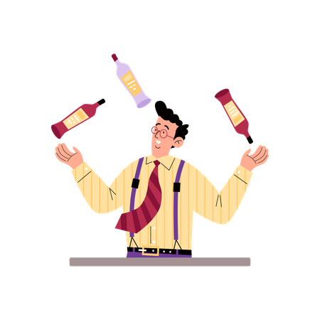 Bartender juggling bottles of alcoholic drinks  Illustration