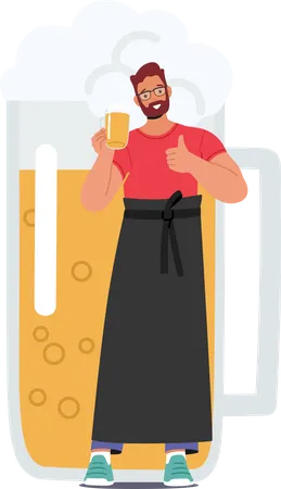 Barman masculino segurando um copo de cerveja com o polegar para cima  Ilustração