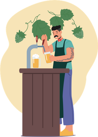 Barman masculino serve cerveja usando sistema de torneira  Ilustração