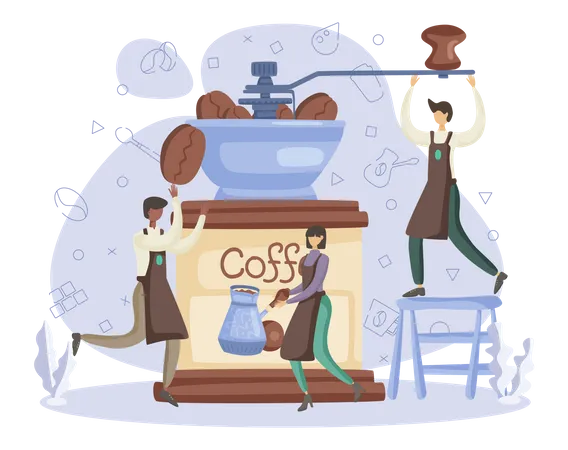 Camarero moliendo granos de café  Ilustración