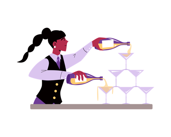 Bartender pouring wine in pyramid of glasses  Illustration