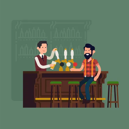 Bartender serving customer at bar counter pouring beer from tap Illustration