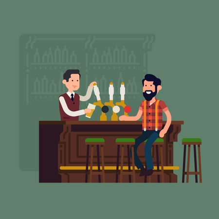 Bartender serving customer at bar counter pouring beer from tap  Illustration