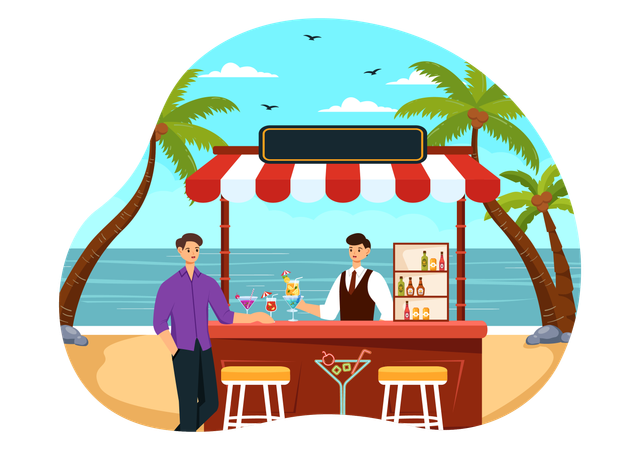 Bartender serving drink to man at Beach bar  Illustration