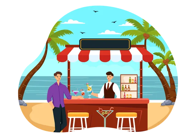 Bartender serving drink to man at Beach bar  Illustration