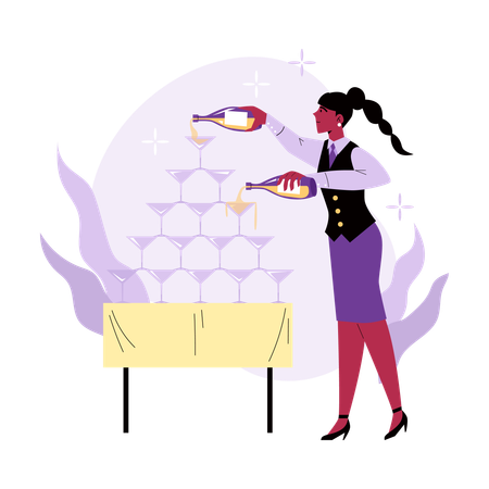 Bartender woman holds bottles of drinks  Illustration