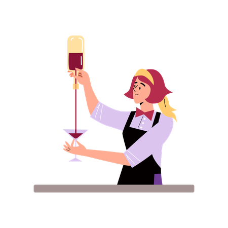 Bartender woman pours wine  Illustration