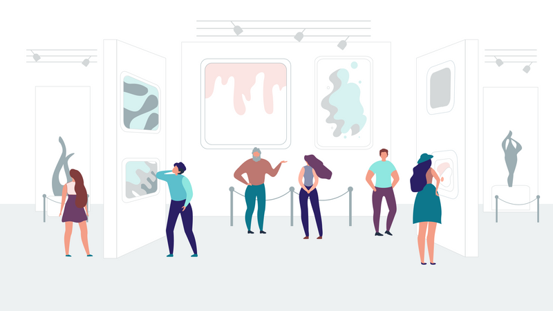 Bärtiger Mann, Kerl, Mädchen gehen in eine Ausstellungsgalerie oder ein Museum, sehen sich Gemälde, Exponate, Installationen moderner Kunst an  Illustration