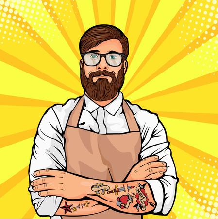 Bärtiger Mann mit Brille und Tattoo auf den Armen  Illustration