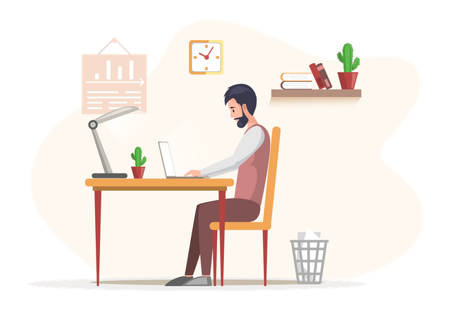 Bärtiger Mann sitzt am Tisch und arbeitet am Laptop  Illustration