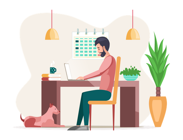 Bärtiger Mann sitzt am Tisch und arbeitet am Laptop  Illustration