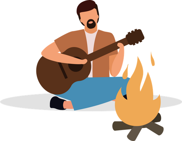 Bärtiger Mann spielt Gitarre am Lagerfeuer  Illustration