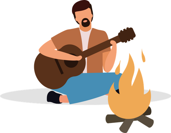 Bärtiger Mann spielt Gitarre am Lagerfeuer  Illustration