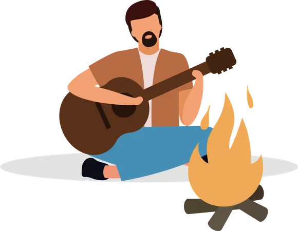 Bärtiger Mann spielt Gitarre am Lagerfeuer  Illustration