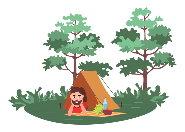 Mann mit Bart genießt Campingplatz  Illustration