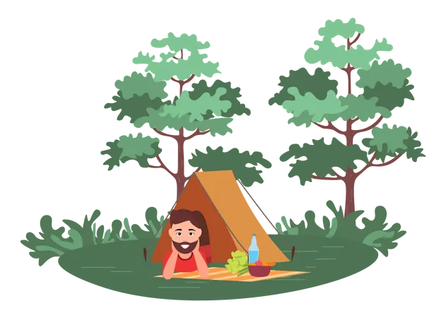 Mann mit Bart genießt Campingplatz  Illustration