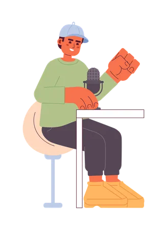 Baseball Cap Man Speaking Into Microphone Podcast 2 D Cartoon Character Casual Clothing Male Sitting At Table Isolated Vector Person White Background Radio Announcer Color Flat Spot Illustration Illustration