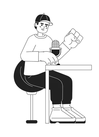Baseball Cap Man Speaking Into Microphone Podcast Black And White 2 D Cartoon Character Male Sitting At Table Isolated Vector Outline Person Radio Announcer Monochromatic Flat Spot Illustration Illustration