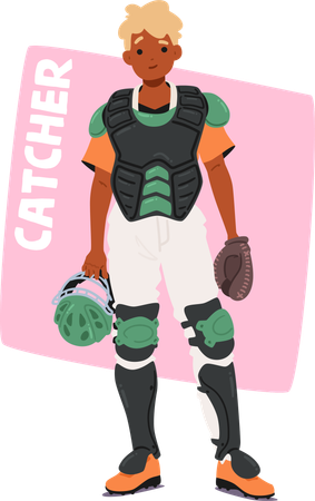 Baseball Catcher Character In Full Protective Gear Including Chest Protector  Illustration