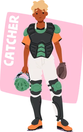 Baseball Catcher Character In Full Protective Gear Including Chest Protector  Illustration