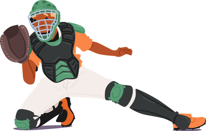 Baseball-Catcher in Aktion mit voller Schutzausrüstung, Handschuhen und Helm  Illustration