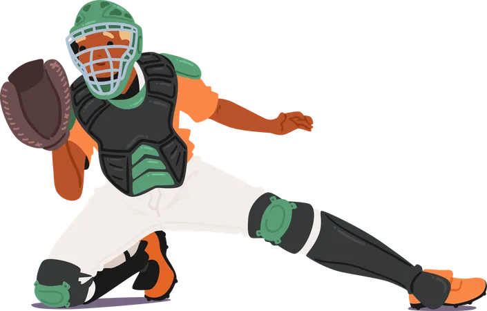 Baseball-Catcher in Aktion mit voller Schutzausrüstung, Handschuhen und Helm  Illustration