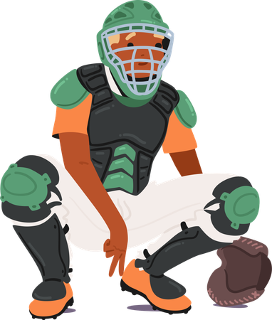 Baseball Catcher In Full Gear Poised And Ready For Action  Illustration